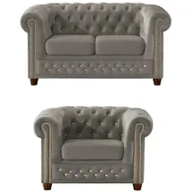 S-Style Chesterfield Polstergarnitur Samt 2-Sitzer + Sessel Grau