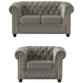 S-Style Chesterfield Polstergarnitur Samt 2-Sitzer + Sessel Grau