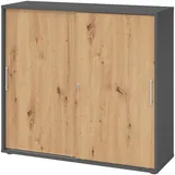 bümö Schiebetürenschrank 3OH - Aktenschrank abschließbar, Sideboard Schrank mit Schiebetüren in Graphit/Asteiche, Relinggriff - Büroschrank aus Holz