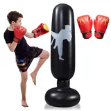 160cm Aufblasbarer Standboxsack, Boxsack Kinder mit Boxhandschuhe, Tragbares Boxsack für Kinder, Weichheit und Komfort Aufblasbarer Boxsacks, Standboxsack für Üben Boxen Karate Taekwondo (Schwarz)