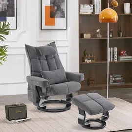 MCombo Relaxsessel mit Hocker, Drehbare Fernsehsessel mit Liegefunktion, Moderner Tv-sessel Stuhl für Wohnzimmer, mit Kissen & Seitentasche, Stoff, 9076