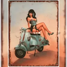 moritz Deko Blechschild Burlesque Frau mit Roller Sexy Frau Metallschild Retro Vintage-Design zur Dekoration Wanddekoration
