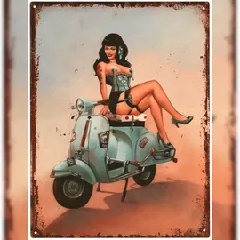 moritz Deko Blechschild Burlesque Frau mit Roller Sexy Frau Metallschild Retro Vintage-Design zur Dekoration Wanddekoration