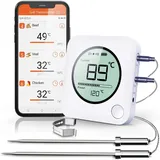 BFOUR Digital Bluetooth Grillthermometer Fleischthermometer Funk Bratenthermometer mit Zeitmesser, 2 Temperaturfühlern Sonden, Hintergrundbeleuchtung LED Display Sofortiges Auslesen