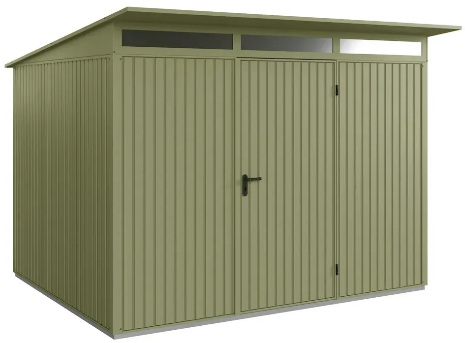 Hörmann Metall-Gerätehaus Berry mit Pultdach B 302 x T 238 cm (Typ 3), Motiv Classic (mit schmalen Lamellen), Einzeltür Türanschlag rechts, Schilfgrün (RAL 6013)