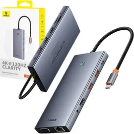 Baseus HUB PortalJoy Series 13in1 USB-C - 2x HDMI / DP / VGA / USB-A 3.1 / USB-C 3.1 / USB-A 2.0 / P (USB-C, 13 Ports), Dockingstation / USB Hub, Grau