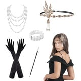 XNIVUIS 5 Stück 1920s Kostüm Damen Flapper Accessoires Set, 20er Jahre Kostüm Damen Set, 1920s Great Gatsby Accessoires Set für Damen, Flapper Stirnband Halskette Lange Schwarze Handschuhe