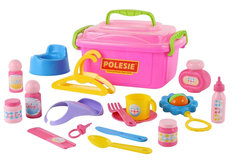 Polesie Kinderspielzeug Nanny-Set 53473 für Puppen Koffer Rassel Schnuller Latz rosa