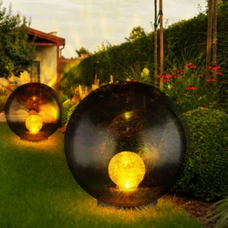 Kugel Solarleuchten für den Garten rund LED Solar Gartenleuchten Kugel Solarkugel 20 cm für Außen, Crackle Glas, 1x LED warmweiß, DxH 20×33,5 cm, 2er Set