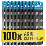 ABSINA AG10 LR1130 Knopfzelle 100er Pack - 1,5V Alkaline Knopfzellen auslaufsicher & mit langer Haltbarkeit - LR54 / V10GA / RW49 / G10A / 189 / GP189 / L1130 / 89A - Knopfbatterien Batterien Batterie