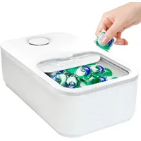 Waschmittel Pods Aufbewahrung für 100 Wäschepods,Waschmittelbox mit Schiebedeckel,Waschmittel Organizer mit Messbecher und Zeitaufzeichnung, Waschmittelbehälter für Waschpulver (1, Weiß)