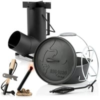 CampFeuer Grilltopf Survival Set mit Dutch Oven, Feuerstahl, Zunder und Raketenofen, 6tlg., Gusseisen (Set, 6-tlg., 6-teliliges Survival Set) schwarz