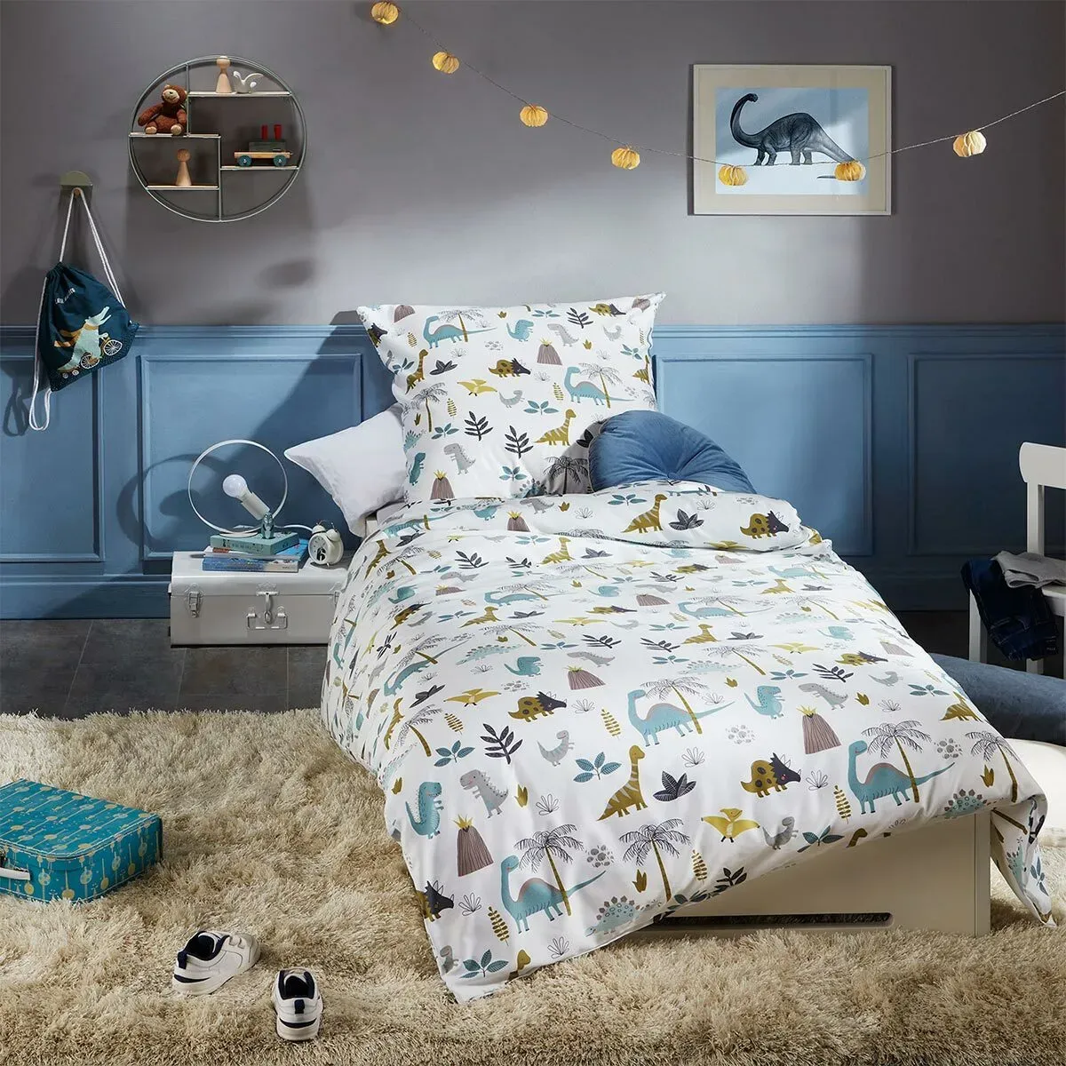 Lorena Mako-Satin Bettwäsche Dino weiß 135x200 cm + 80x80 cm - weiß;bunt