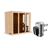 Woodfeeling Karibu Sauna Irava 3 - 68 mm Systemsauna - 230 Volt Plug & Play Bronzierte Ganzglastür Ohne Dachkranz 3,6 kW Ofen mit integrierter Steuerung inkl. 8-teiligem gratis Zubehörpaket (Gesamtwert 191,92€)