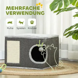 PawHut Kratztonne, 35 cm hoch Katzentonne mit Höhle, Kratzbaum mit Spielball, Katzenturm aus Sisal, für Katze bis 6 kg, Dunkelgrau+Cremeweiß - Dunkelgrau