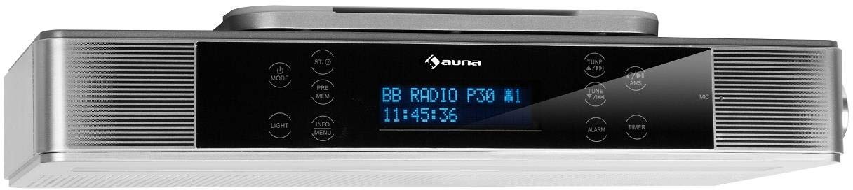 auna KR-140 Bluetooth-Küchenradio - Unterbau-Radio, DAB+/UKW Radio, 2 x 3 Watt RMS, Touch-Display, Freisprechfunktion, LED-Kochflächen-Beleuchtung, Alarmfunktionen, 40 Speicherplätze,Silber