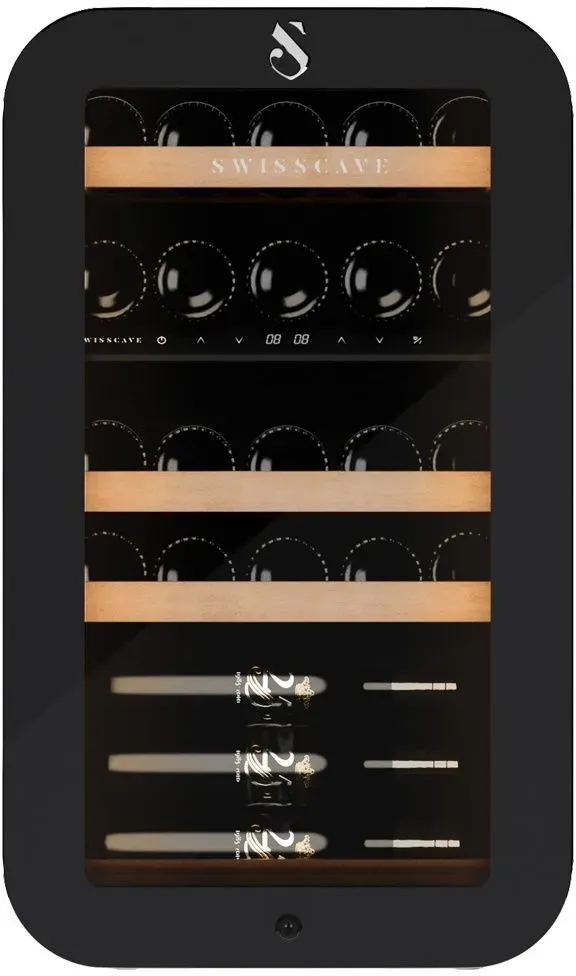 WLB-120DF-BLACK 2-Zonen Weinkühlschrank ? Eleganter Design-Weinkühlschrank für 26 Flaschen
