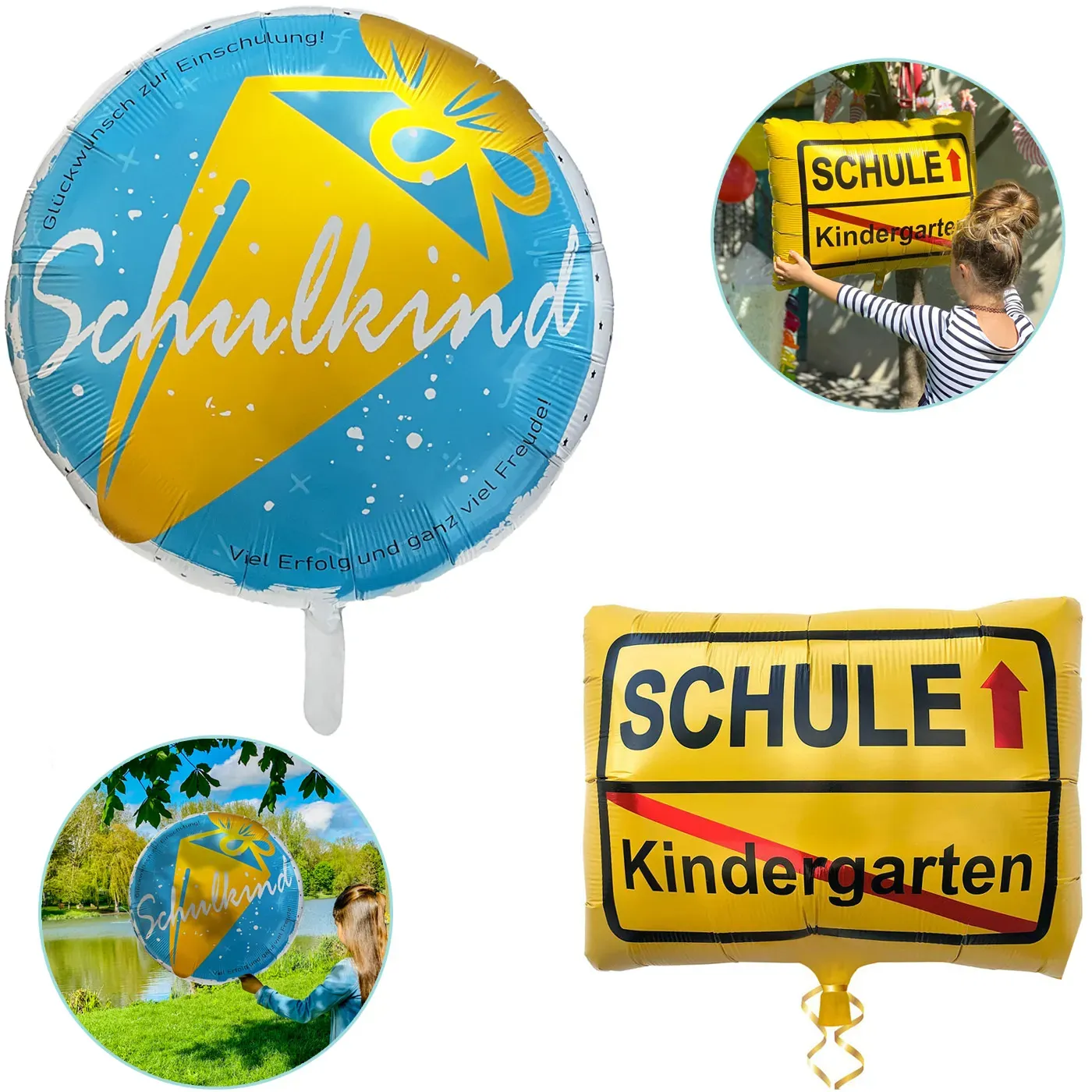 2er Set Folienballon Schulkind + Kindergarten/Schule Ortsschild Luftballon Hänge Deko für Schuleinführung Einschulung