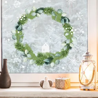 Fensterbild Weihnachten Weihnachtskranz Eukalyptus Deko Winter Schneeflocken Stern Holzoptik Fensteraufkleber Fensterdeko, 2. A3 Bogen