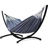 Potenza Outdoor Hängematte mit Gestell für 2 Personen I Pereira - 100% Baumwolle Doppelhängematte 220x140 cm, 160kg I Hängemattengestell 220kg, wetterfest (Zebra, Gestell Schwarz)