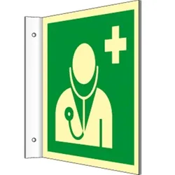Fahnenschild Arzt, ISO 7010, Kunststoff, nachleucht., 160-mcd, 200x200 mm
