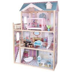 TikTakToo Puppenhaus Puppenstube Traum Villa Set aus Holz, (komplett eingerichtet, mit Balkon Terrasse, 12-tlg., mit 11-teiliges Möbel- und Zubehör-Set), aus MDF-Holz, für Puppen bis 29 cm geeignet blau|rosa