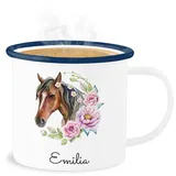 Emaille Becher Blechbecher - Pferd Pferde - Wunschname Pferdekopf Name I Pferdemotiv I Geschenk Pferdemädchen - 300 ml - Weiß Blau - tasse pferden horse tassen emaille+tasse+kinder+personalisiert