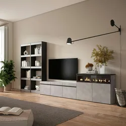 SKRAUT HOME Wohnzimmer-TV-Schrank, Wohnzimmer-Wandsystem, 370x186x35cm, Für TV-Geräte bis 65“, Elektroherd, Moderner Stil, Zementgrau - 113_2