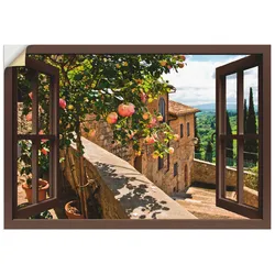Wandbild ARTLAND "Fensterblick Rosen auf Balkon Toskana", braun (farbe bild(er): braun), B:70cm H:50cm, Bilder, als Alubild, Outdoorbild, Leinwandbild, Poster, Wandaufkleber