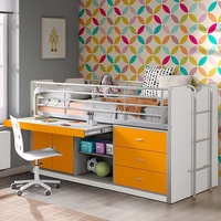 Lomadox Hochbett 90x200cm, mit ausziehbarem Schreibtisch und Stauram, weiß/orange weiß
