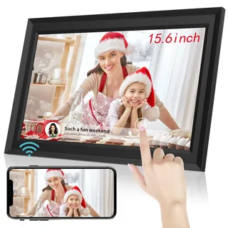 Tibuta Frameo WLAN Digitaler Bilderrahmen 15,6 Zoll, HD 1366 x 768 IPS Touchscreen Elektronischer FotoRahmen mit 32GB Speicher, Auto Drehung, Einfache Weitergabe von Fotos Videos über Frameo App