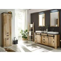 Badmöbel Set "Stove" in Used Wood hell und anthrazit Doppelwaschtisch MIT Waschbecken und LED Spiegellampe
