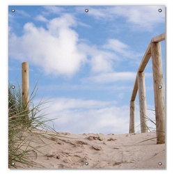 Sonnenschutz Auf der Holztreppe zum Strand, Wallario, blickdicht, mit Saugnäpfen, wiederablösbar und wiederverwendbar braun 96 cm x 100 cm