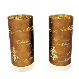 Formano Deko-Licht Zylinder 20 cm - LED mit Timer 'Zuhause ist es am Schönsten' - Braun-Gold Farbglas auf Holzsockel - Wohnzimmer Dekoration Weihnachten Winterdeko