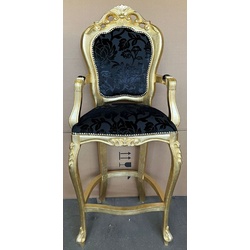 Casa Padrino Luxus Barock Barstuhl mit Armlehnen Schwarz Muster / Gold - Barockstil Barhocker - Luxus Bar Möbel im Barockstil - Luxus Qualität - Made in Italy