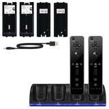 SANON Ladestation für Wii Fernbedienung, 4 IN 1 Controller Ladestation für Wii Controller 4 Port Ladegerät mit 4 Wiederaufladbaren Akkus & LED-Anzeige, Schwarz