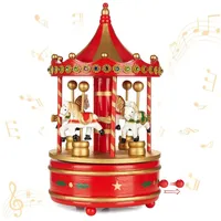 BRUBAKER Spieluhr aus Holz Melodie: Jingle Bells - Nostalgie Karussell mit Pferden - 24 cm Spieldose Dekoration für Weihnachten - Weihnachtsdeko Musik Box Rot Gold