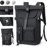 7MAGIC Rolltop Rucksack Herren Damen 26L, Handgepäck Groß Laptop Rucksack Wasserdichter mit 15.6 Zoll Laptopfach, Reiserucksack Rucksäcke Schulr... - Schwarz