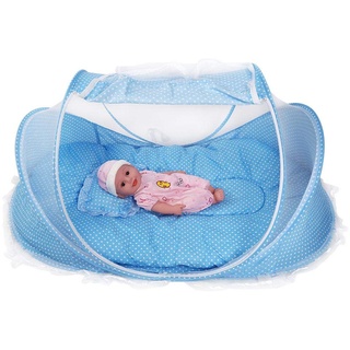 Acouto Reisebett Baby, Moskitonetz Zelt für Babys 4 Stück, tragbare und Faltbare Design, Es Wird mit Einer Matratze, einem Kopfkissen und einem kleinen Spielzeug zum Spielen geliefert(蓝色)