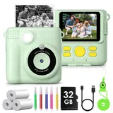 Kinderkamera Sofortbildkamera, GREENKINDER 1080P 2,4 Zoll Bildschirm Sofortbildkamera Kinder mit Druckpapier & 32GB Karte, Digitalkamera Kinder mit Farbigen Stiften Geschenk für Kinder 3-12 Jahre