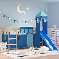 Tidyard Kinderhochbett mit Turm Rutsche,Spielbett Hochbett Bett für Kinder Kinderbett Etagenbett Stockbett, Blau 80x200cm Massivholz Kiefer