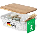 Novaliv 2er Set Eleganter Aufbewahrungskorb mit Holzdeckel in Rattan-Optik | Weiß Lebensmittelecht Kunststoff 1L ? Perfekt für Bad & Kleidungsaufbewahrung. Aufbewahrungsbox Badezimmer Körbchen.