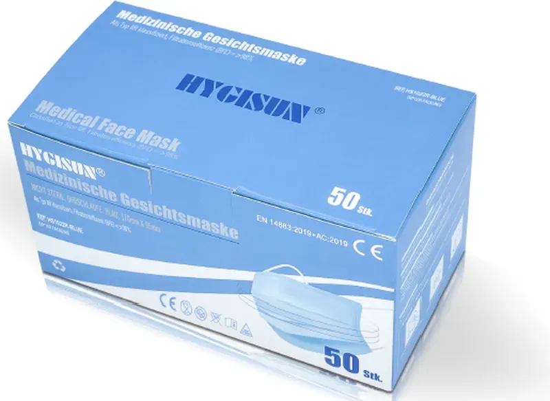 HYGISUN Leichte, antibakterielle Sommermasken, 50 Stück pro Box (5 Beutel mit Einzelpackungen, Blau)