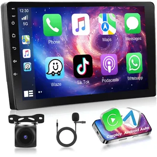 [8 Kerne] Podofo 2-DIN Autoradio IOS CarPlay Android Auto Radio, 4+64G Doppel DIN 9'' 1280P IPS Touchscreen Stereo Radio mit 32EQ DSP GPS Navi WiFi Android Auto & Rückfahrkamera, Mikrofon