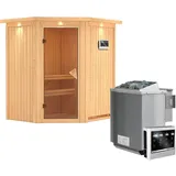 Woodfeeling Karibu Sauna-Set Tjorven inkl. Bio-Ofen 9 kW mit ext. Steuerung, Dachkranz