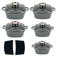 Kochtopfset 12-teilig quadratisch Keramik-Marmor mit Deckeln – Hitzebeständiges Aluguss Kochset für alle Herdarten