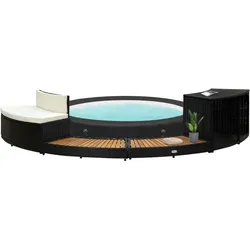 Whirlpool-Einfassung Schwarz Poly Rattan und Massivholz Akazie