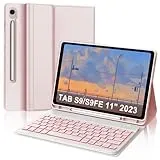 IVEOPPE Tastatur für Samsung Galaxy Tab S9 FE 10.9"/S9 11", Hülle mit Tastatur für Samsung Tab S9/S9FE 2023, Bluetooth Magnetisch Abnehmbarer QWERTZ Tastatur Galaxy S9 Tablet, Rosa