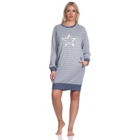 Normann Nachthemd Damen Frottee Nachthemd mit Bündchen in Streifenoptik + Sternenmotiv blau 44/46