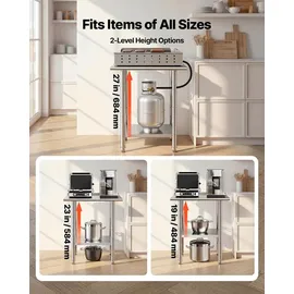 Vevor Edelstahltisch Gastro 762 x 610 x 894 mm, Verstellbarer Edelstahltisch mit Aufkantung, Arbeitstisch mit Grundboden für Restaurant Schwerlast Obere Ablage (204 kg) Untere Ablage (168 kg)